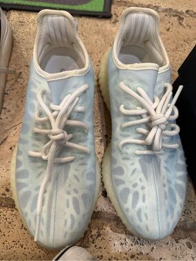 Adidas Yeezy Light Blue Patterned Knit Sneakers with Cream Sole